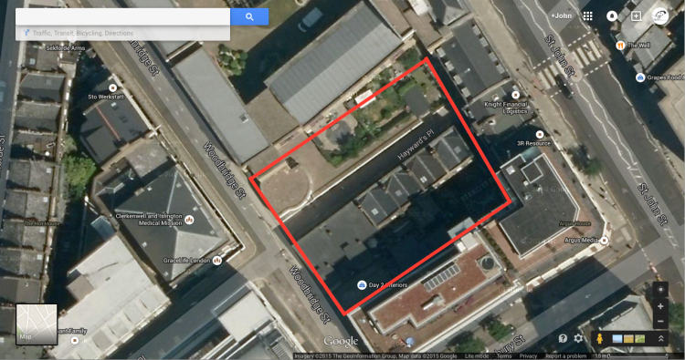 Red Bull Theatre, Clerkenwell (Photo credit: The GeoInformation Group, Map Data, 2015 ©Google)